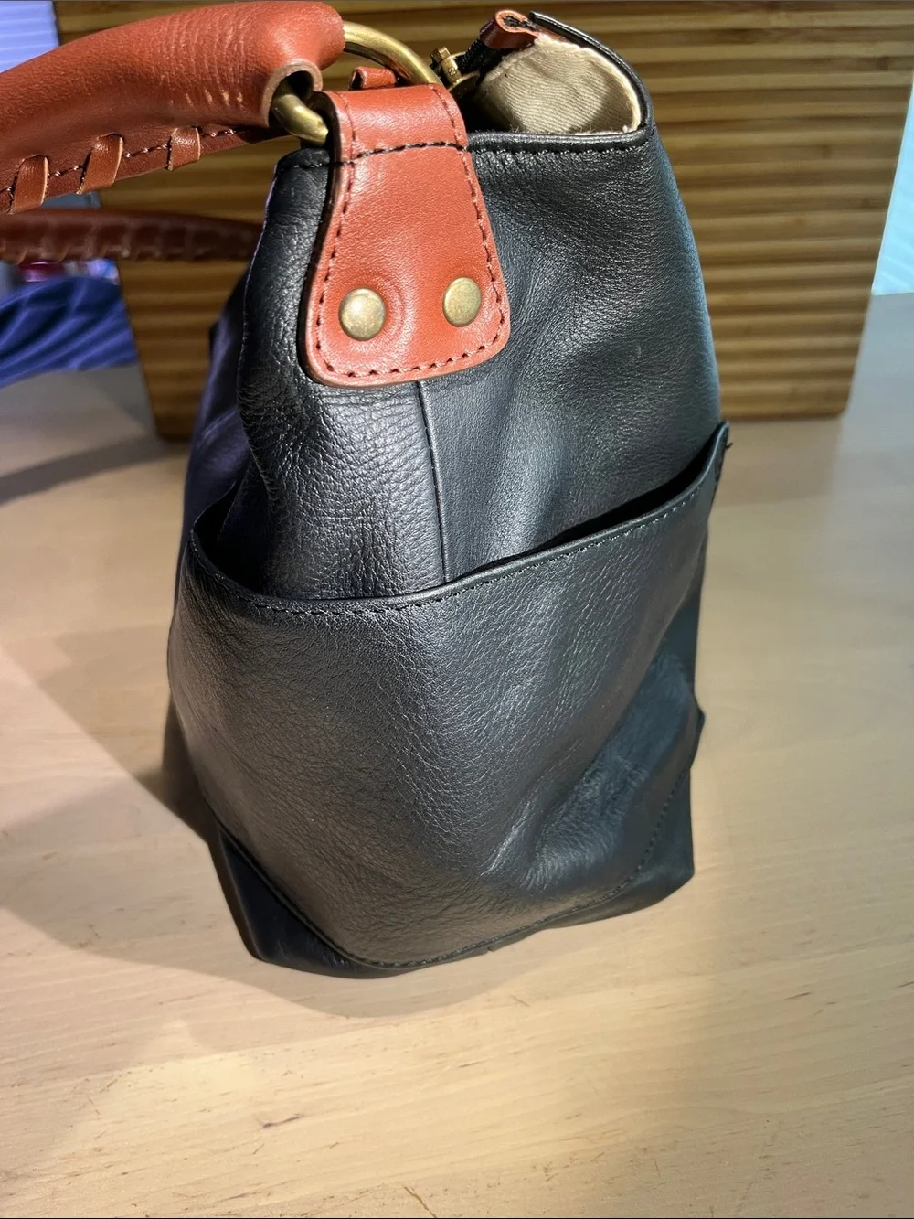Sundance Black/Chestnut Brown Leather Accent with Cream Interior hobo bag